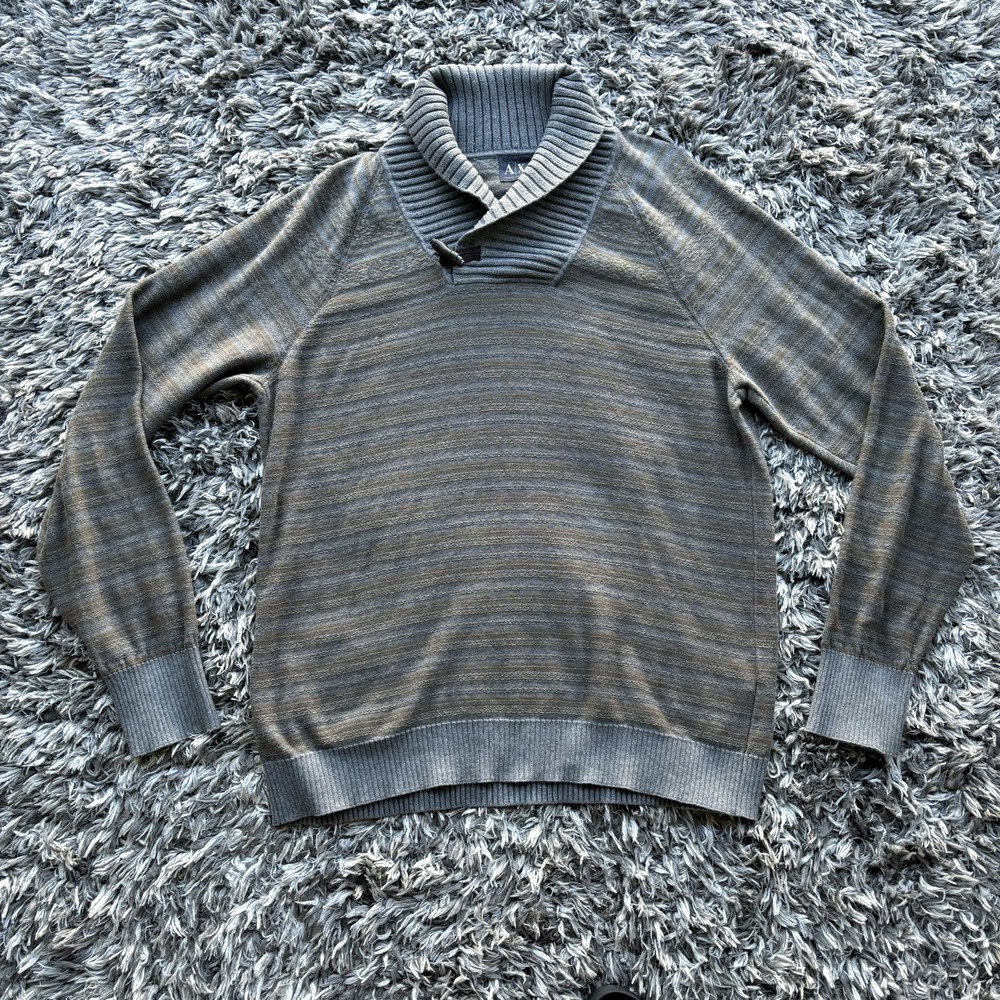 Armani Exchange Mens XL Shawl Neck Toggle Sweater Cotton Cashmere Striped Gray